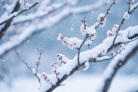 plum blossom in winter with snowfall, beautiful natural backgroundの素材