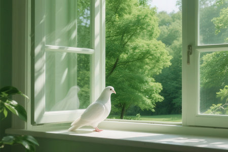 White pigeon standing on the windowsill with green trees in the backgroundの素材