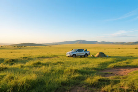 Car on the road in the steppe of Kazakhstan, Central Asiaの素材