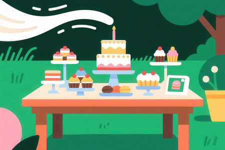 Illustration of a table with sweets and cakes on a green backgroundの素材
