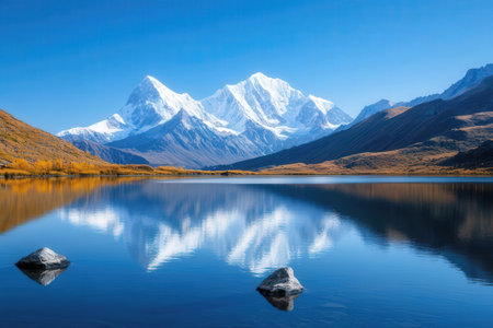 Natural landscape of New Zealand alpine lake and mountain peak in autumnの素材