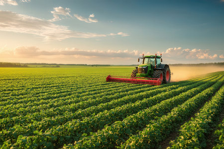 Tractor spraying pesticides on soy field with sprayer at springの素材