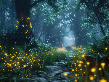 Foggy forest path at night with glowing lights. 3d renderingの素材