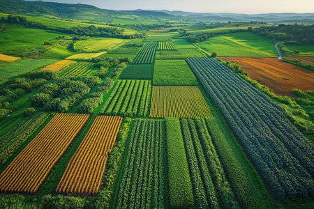 Aerial view of beautiful green agricultural fields with rows of crops.の素材