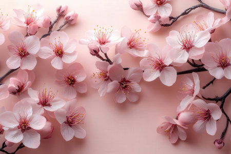 Beautiful blossoming branches on color background, top view. Space for textの素材