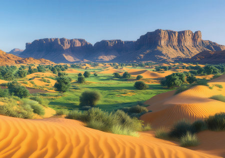 Desert landscape with sand dunes and green meadows. 3d renderの素材