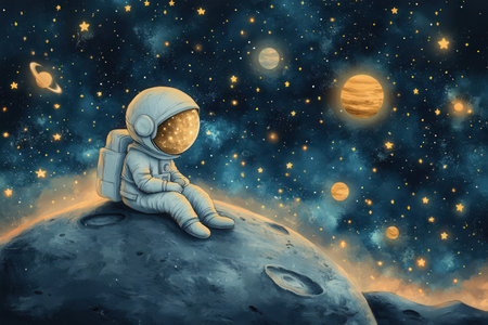 Astronaut sitting on the moon and looking at the stars.の素材