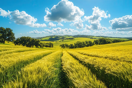 Beautiful summer landscape with green wheat field and blue sky with cloudsの素材