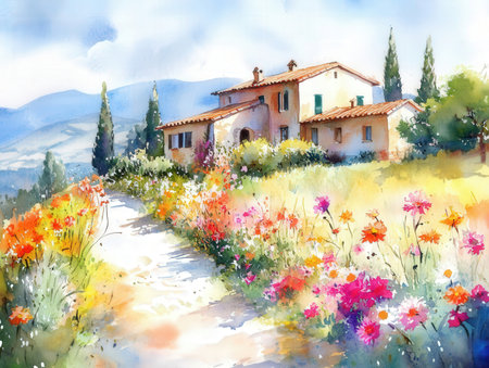 Watercolor painting of a rural landscape in Tuscany, Italy.の素材