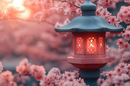 Lantern with cherry blossoms in spring, vintage style.の素材