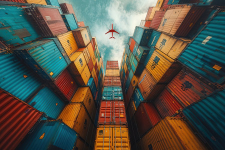 Container Cargo freight ship with working crane bridge for Logistic Import Export backgroundの素材