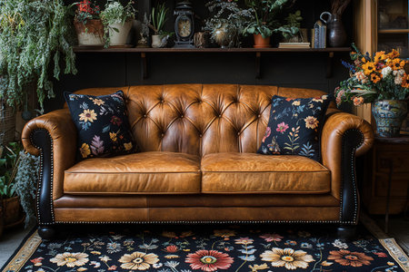 Luxury leather sofa with pillows and flowers in cozy living roomの素材