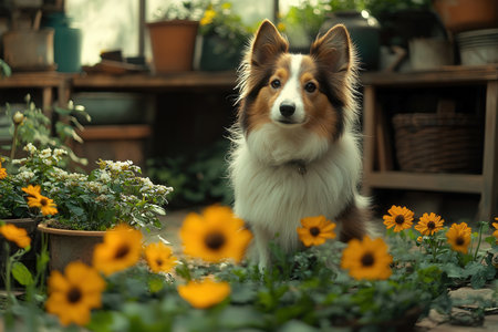 Australian shepherd dog sitting in the garden with yellow flowers in a potの素材