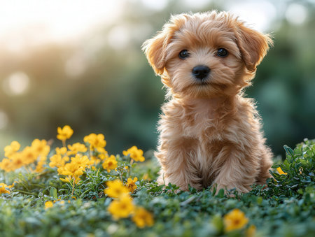 Cute puppy on green grass with yellow flowers in the garden.の素材