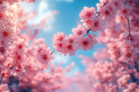 cherry blossom in spring, pink sakura flowers on blue sky backgroundの素材