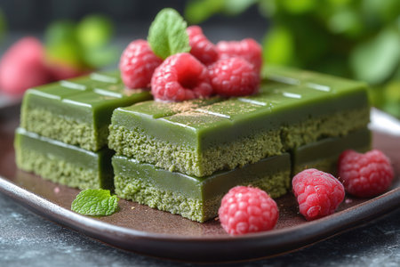 Green tea cake with raspberries and mint on a dark backgroundの素材