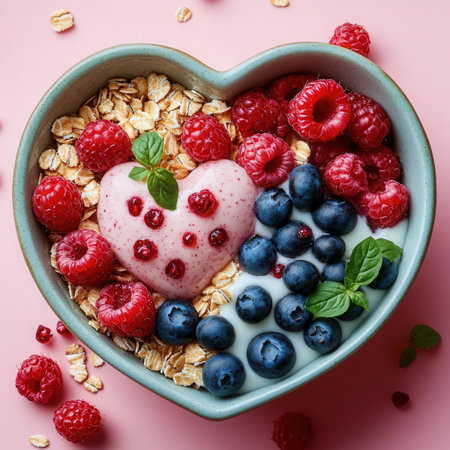 Healthy breakfast bowl with oatmeal, berries and yogurt in the shape of a heart on pink backgroundの素材