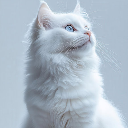 Beautiful white cat with blue eyes looking up on gray background.の素材