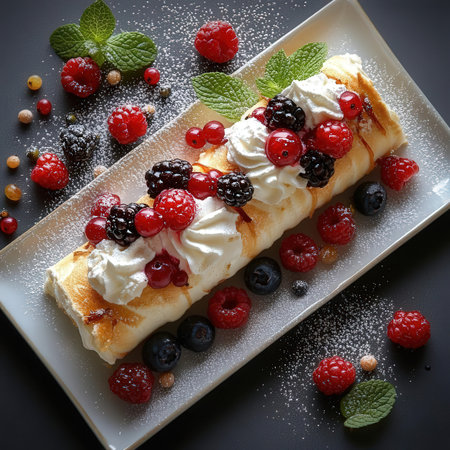 Crepes with fresh berries and whipped cream on a black backgroundの素材
