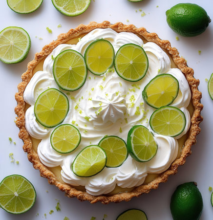 Lime tart with whipped cream and lime slices on a white backgroundの素材