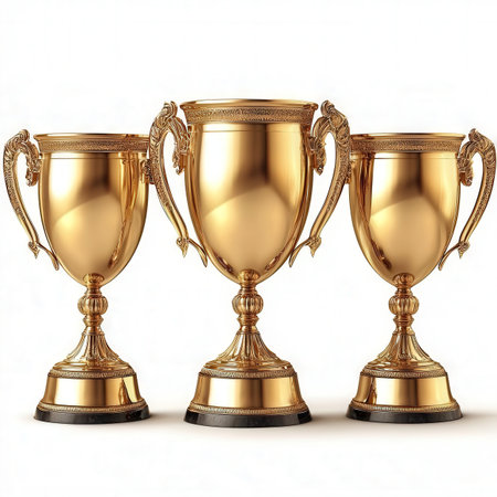 3d render of golden trophy cups on white background with clipping pathの素材