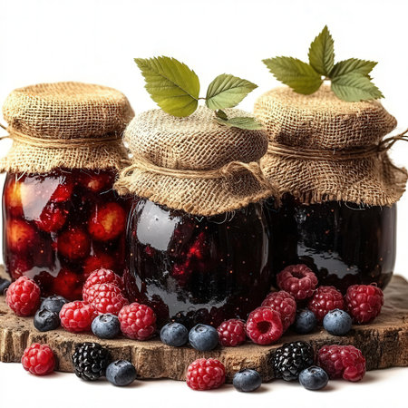 Raspberry and blackberry jam in a glass jar on a white backgroundの素材