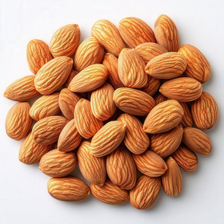 Almond nuts on white background. Top view, flat lay.の素材