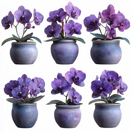 Purple orchids in ceramic vase isolated on white backgroundの素材