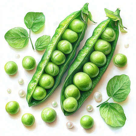 Fresh green peas on white background. Top view. Vector illustration.の素材