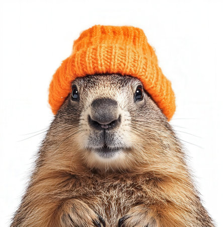 Marmot in a hat. Isolated on white background.の素材