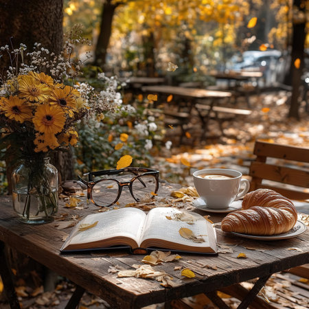 Coffee cup, croissant, book and glasses on wooden table in autumn parkの素材