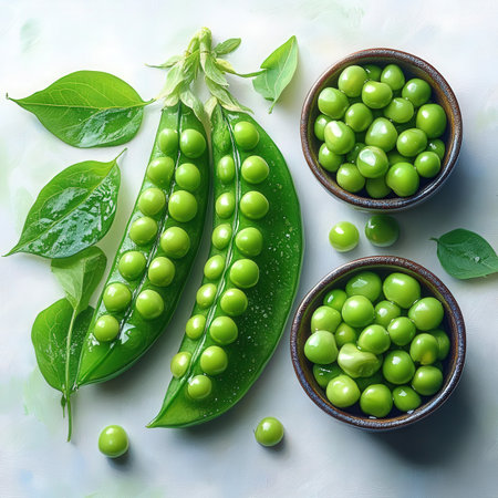 Fresh green peas with leaves on light background. Top view, flat layの素材