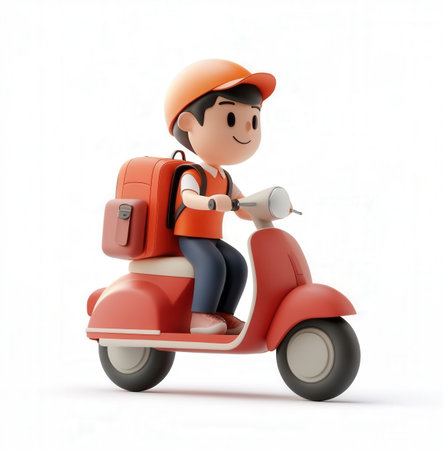 3d delivery man riding a scooter, illustration with clipping pathの素材