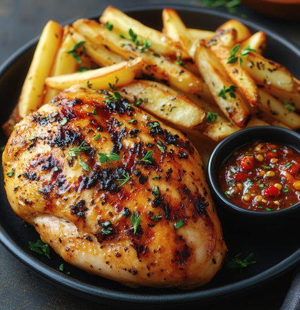 Grilled chicken breast with french fries and sauce on a plate.の素材