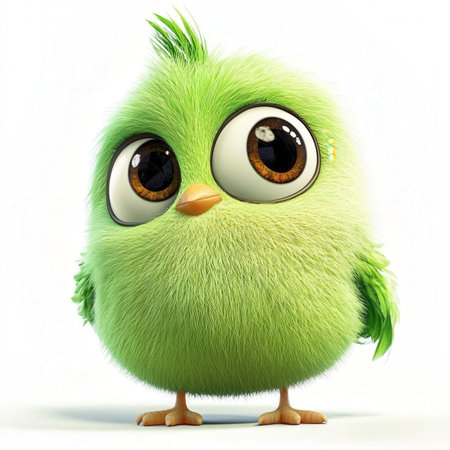 Cute green chick on a white background. 3d rendering.の素材