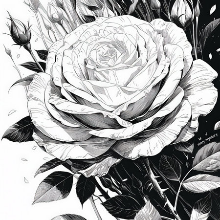 Hand drawn rose flower. Vector illustration. Black and white drawing.の素材
