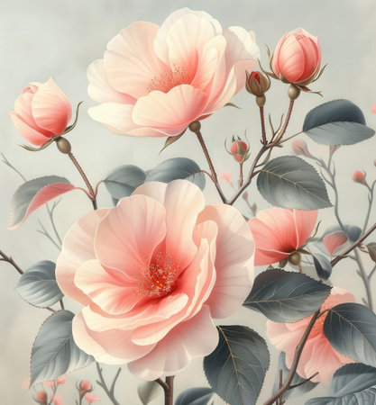 Floral background with pink roses, eucalyptus branches and leavesの素材