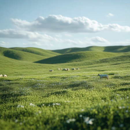 Sheep grazing on a green meadow in Tuscany, Italyの素材