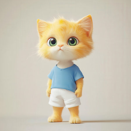 Cute little yellow kitten in blue t-shirt and shorts on white backgroundの素材