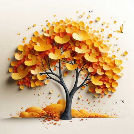 Autumn tree with falling leaves in paper cut style. Vector illustration.の素材