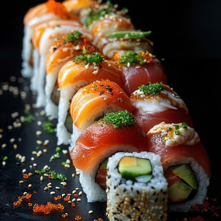 Sushi rolls with salmon, avocado and cream cheese on black backgroundの素材