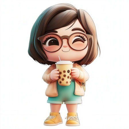 Cute cartoon girl with a cup of coffee. Vector illustration.の素材