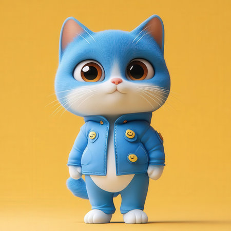 Blue cat in a jacket on a yellow background. 3d renderingの素材