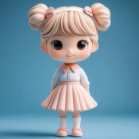 Cute little girl with pink hair on blue background. 3d renderingの素材