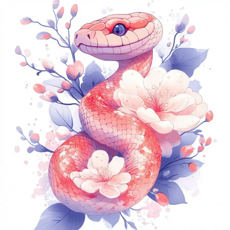 Watercolor snake and flowers on white background. Hand drawn vector illustration.の素材