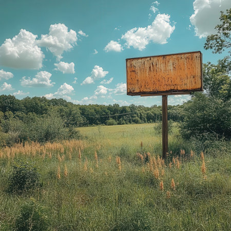 Old wooden billboard in the middle of a field with grass and blue skyの素材