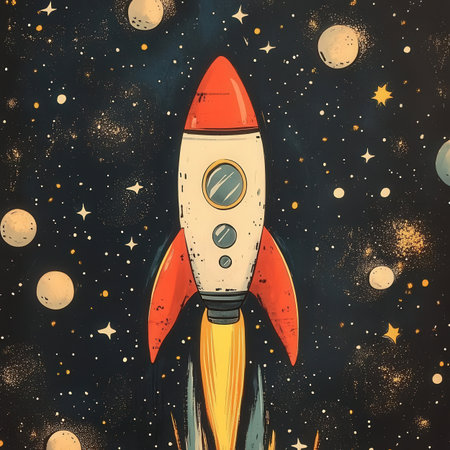Space rocket in outer space. Hand drawn cartoon illustration with space background.の素材