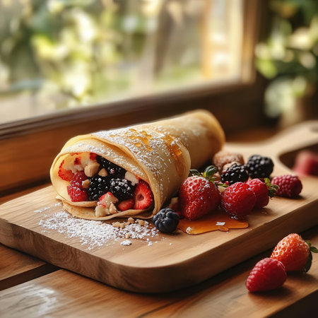 Delicious pancakes with fresh berries on wooden board, closeup viewの素材
