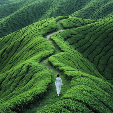 Tea Plantation in Cameron Highlands Malaysia. Asian woman walking on tea plantationの素材