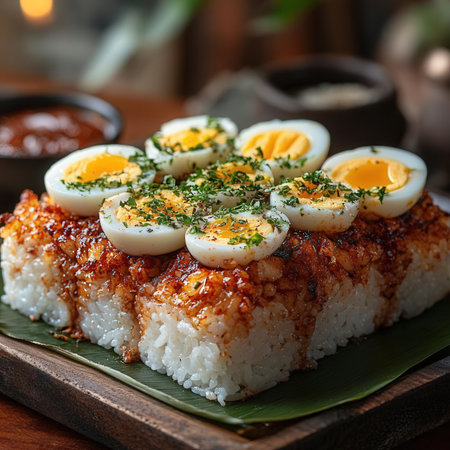 Japanese food, rice sushi roll with fried egg on a wooden tableの素材
